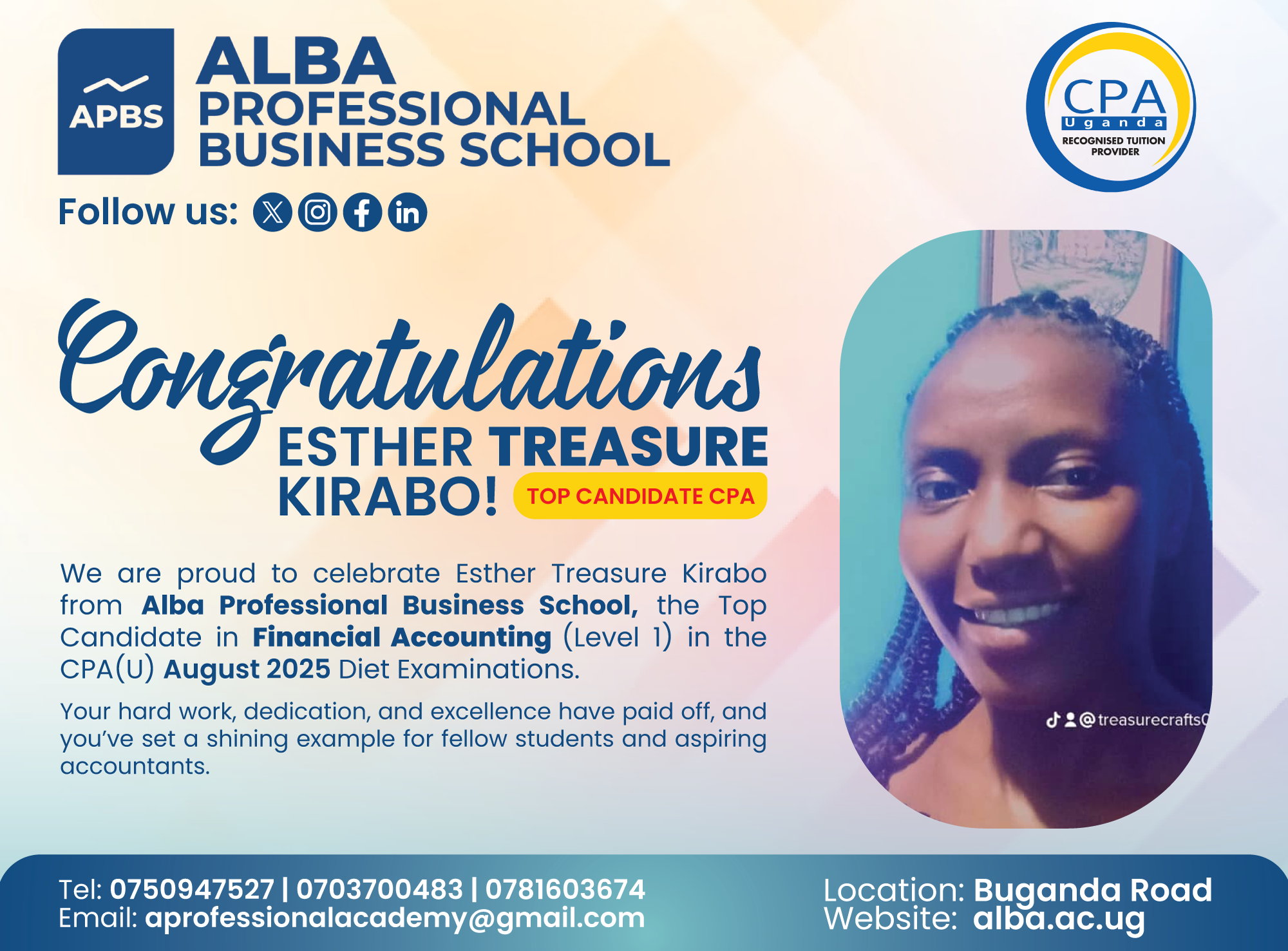 CPA Uganda August 2025 Results: Esther Treasure Kirabo Shines as Top Candidate in Financial Accounting - Cover Image